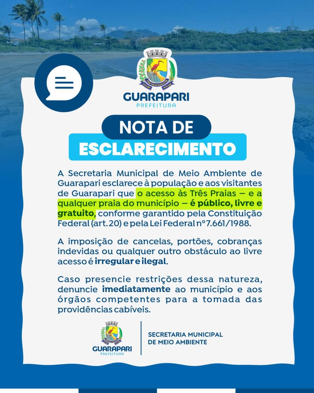Prefeitura de Guarapari reforça que acesso às Três Praias é público, livre e gratuito